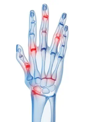 Skeletal hand with red and blue joints